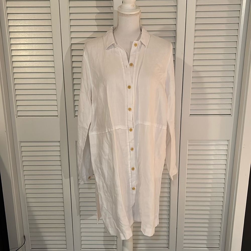 J.Jill PureJill Long White Linen Button Front Shirt Tunic Women’s Size M Tall